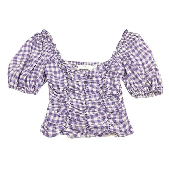 ASTR The Label Gingham Check Smocked Puff Sleeve Crop Top Sz XS - Picture 3 of 6